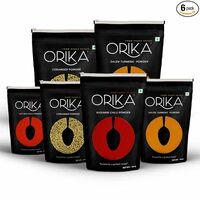 ORIKA Salem Turmeric Powder, Coriander Powder, Kashmiri Chilli Powder, Hot Red Chilli Powder (Pack of 6, 100gms Each)
