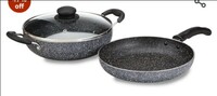 Limited-time deal: Amazon Brand - Solimo Aluminium 3 Piece Non-Stick Cookware Set|Granite Finish|Induction Base|Pfoa Free|High Temperature Resistant Exterior Coating|22 Cm Fry Pan,22 Cm Kadai,1 Glass Lid|Grey 