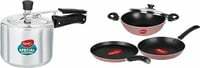Pigeon Basics Non Stick Aluminium Non Induction Base Cookware Set, Including Dosa Tawa, Kadai with Glass Lid, and Frying Pan, (Pink) & Non Induction Base Aluminium Inner Lid Pressure Cooker (3 L)