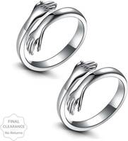 (Set Of 2 Pcs) Love Forever Valentine's Day Hand Hug Me Thumb Finger Metal Silver Plated Ring