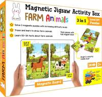 Play Poco Magnetic Jigsaw Puzzles Farm Animals Activity Box with 3 Magnetic Puzzles, Magnetic Board, Learn to Draw, 50+ GK Facts Book