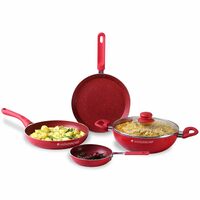 Wonderchef Royal Velvet Non-stick 5 piece Cookware Set|Fry Pan with Lid, Wok, Dosa Tawa, Mini Fry Pan|Induction bottom and Soft-touch handles|PFOA and Heavy metals free|3 mm thick|2 years warranty|Red