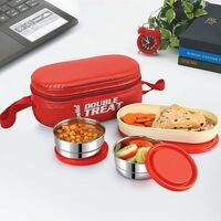 CELLO Double Treat Lunch Box with Jacket, 3 Container, (2 Units Round Container - 300 ml, 1 Unit Oval Container), Red (Stainless Steel;Plastic)