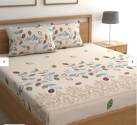 Beige Floral Leafy Bohemya 160 TC Microfiber Queen Sized Bedsheet with 2 Pillow Covers By CG HOMES