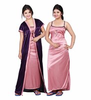 TRUNDZ Women's Satin Maxi Nighty(535_Purple & Pink_Free Size)
