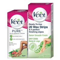 Veet Hair removal cream- Dry skin-50 gm & Full Body Waxing Kit Easy-Gelwax Technology Dry Skin - 20 Strips with free Veet Glow It Girl pouch