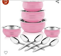 Classic Essentials Stainless Steel Handi/patila/bhagona/biryani cook & serve Handi Induction Bottom Cookware Set, 300ml, 550ml, 750ml,1100, 1500ml (Pink) 