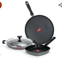 SUMEET NonStick Aluminium Cookware Set Dosa Tawa - 26.5Cm Dia Grill Appam Patra with Glass Lid - 12 Cavity - 22cm Dia Grill Pan-22cm Dia; (Silver) 