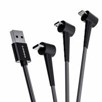 Ambrane 3 in 1 Type C, Lightning and Micro USB Standing Cable Makes Binge-Watching Easy, Compatible with iPhone, Micro USB, Type C Devices, PD Technology, 3A Fast Charging (Trio-S10, Black, 1m)