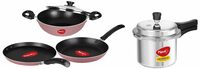 Pigeon Basics Non Induction Base Nons tick Aluminium Cookware Set (Pink) & Induction Base Aluminium Pressure Cooker 3L