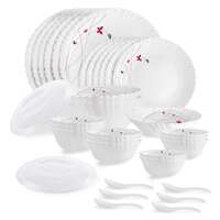 Cello Opalware Dazzle Series Lush Fiesta Dinner Set, 35 Units | Opal Glass Dinner Set for 6 | Light-Weight, Daily Use Crockery Set for Dining | White Plate and Multipurpose Bowl Set