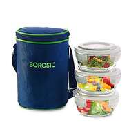 Borosil Klip-N-Store Microwavable Lunch Box Set (Set of 3, 400 ml each, Glass, Transparent) with Lunch Bag