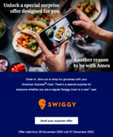 Swiggy App x Amex Cards Offer - Get 10% Up to Rs.1000 II Flat Rs.130 Off [User Specific Offer]