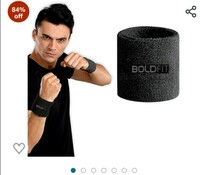 Boldfit Sweat Wrist Band for Men Gym 3 Inch Sweat Wrist Support for Gym, Exercise, Running, Badminton, Basketball for Sweat Absorbing Wrist Bands for Gym Cotton Wrist Sleeves for Arm Support - Black 