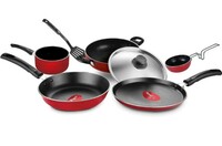 Pigeon Favourite 7 Piece Gift Set Non-Stick Coated Comes with Fry Pan, Kadhai, Lid, Sauce Pan, Spatula, Tadka Pan and a Tawa - Gas Stove Compatible (Red)