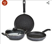 Amazon Brand - Solimo Aluminium 4 Piece Non-Stick Cookware Set | Granite Finish | Induction Base | Pfoa Free | HTR Exterior Coating | 25Cm Tawa, 22 Cm Kadai, 22Cm Fry Pan, 1 Glass Lid | Grey