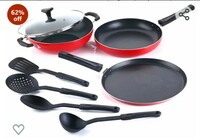 Crystal Classic Series 8-pc Non-Stick Cookware Set, PFOA Free, Tawa, Kadhai with Glass Lid, Fry Pan, 4 Spatulas, Red