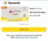 Get Flat 35 Axis Bank FASTag payment between 01-Dec-2023 12:00:00 PM to 01-Jan-2024 11:59:59 AM of min. value ₹100