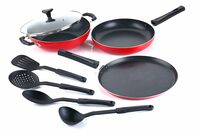 Crystal Classic Series 8-pc Non-Stick Cookware Set, PFOA Free, Tawa, Kadhai with Glass Lid, Fry Pan, 4 Spatulas, Red