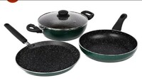 Prestige Omega Deluxe Non-Stick Cookware 3 Pc Set | PFOA Free 5-Layer Coating | Omni Tawa 25 cm | Fry Pan 24 cm | Kadai with Glass Lid 24 cm | Moss Green | Dishwasher Safe