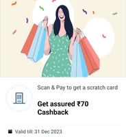 Paytm| Assured ₹70 Cashback On 3 Scan & Pay Payment Of A Minimum ₹15 (User Specific)
