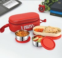 [100 coupon] CELLO Double Treat Lunch Box with Jacket, 3 Container, (2 Units Round Container - 300 ml, 1 Unit Oval Container), Red (Stainless Steel;Plastic)