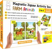 Play Poco Magnetic Jigsaw Puzzles Farm Animals Activity Box with 3 Magnetic Puzzles, Magnetic Board, Learn to Draw, 50+ GK Facts Book