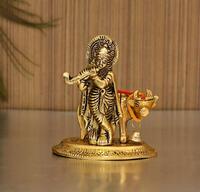 TIED RIBBONS Brass Lord Krishna Idol Murti with Kamdhenu Cow Statue (Small, 9 cm x 7 cm) Decorative Showpiece for Pooja Room Showcase Table Home Decoration House Warming Gift Items