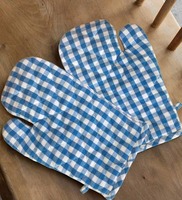 Checks Patterned Blue & White Cotton (Set of 2) Oven Gloves By Lushomes