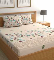 Beige Floral Leafy Bohemya 160 TC Microfiber Queen Sized Bedsheet with 2 Pillow Covers,