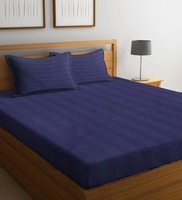 Blue Striped 300 TC Cotton Blend King Sized Bed Sheets with 2 Pillow Covers
