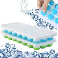 Bulfyss 2pc 21 Cavity Pop Up Ice Cube Trays with Lid for Freezer with Easy Release Flexible Silicone Bottom, Stackable, 100% BPA Free, Food Grade (Green/Blue)