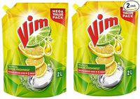 Vim Dishwash Liquid Gel Lemon Refill Pouch, 2 Ltr | Dishwash Gel Infused With The Power Of Lemons(Pack of 2)