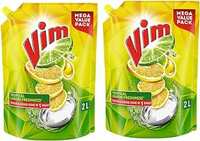 Vim Dishwash Liquid Gel Lemon Refill Pouch, 2 Ltr | Dishwash Gel Infused With The Power Of Lemons | Leaves No Residue (Pack of 2)