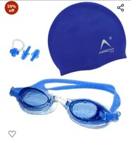 ArrowMax 100% Silicone Anti Fog Swimming Goggles,Cap,earplug & noseplug Set- Ideal for All Age Group | Silicone Non Slip | Easy to Carry and Skin Friendly- by Arrowmax (Blue)