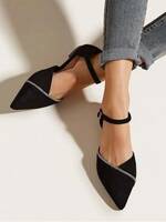 SHOETOPIA Rhinestone Decor Pointed Toe Ankle Strap Black Ballet Flats For Girls Bellies For Women 