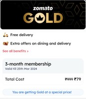 Zomato Gold - 3 Months For Rs.79 [User Specific]