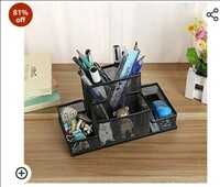 SHOPOWARE 4 Compartment Metal Mesh Desktop Organizer Pen and Pencil Stationery Storage Holder for Home, Study, Stationery and Office Accessories 
