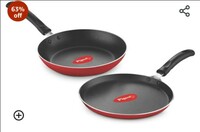 Pigeon Aluminium Nonstick Duo Pack Flat Tawa 250 and Fry Pan 200 Gift Set (Red)