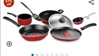 Pigeon Favourite 7 Piece Gift Set Non-Stick Coated Comes with Fry Pan, Kadhai, Lid, Sauce Pan, Spatula, Tadka Pan and a Tawa - Gas Stove Compatible (Red)