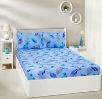 Amazon Brand - Solimo Leafy Surprise Microfibre Elastic Fitted Bedsheet for Double Bed with 2 Pillow Covers (Blue)