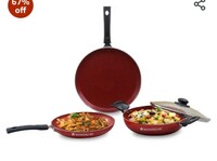 Wonderchef Valencia Non-Stick Cookware 4 Piece Set | Kadhai with Lid 24 cm, Fry Pan 24 cm, Dosa Tawa 28 cm | Cool Touch Bakelite Handles | Pure Grade Aluminium| PFOA Free| 2 Years Warranty | Red