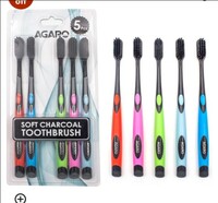 AGARO Charcoal Toothbrush, Gentle Soft, Teeth Whitening For Adults & Children, Medium Tip Bristles, Family Pack of 5, Mix Colour 