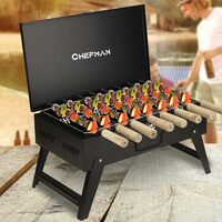 Chefman Briefcase Barbeque Grill Charcoal Large Size Outdoor with Wooden Handle Set (Black) 1 BBQ, 1 Grill, 8 Skewers, 1 Tong | Picnic/Outdoor Parties/Roasting, Grilling Food