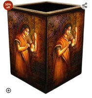 Colourful Wooden Pen Stand with photo of Rajesthani Culture # Return Gift # Office Stationery Pen Holder # Paper wieght 18029