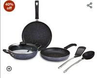 Amazon Brand - Solimo 6 Piece Non-Stick Cookware Set | Granite Finish | Induction Base | PFOA Free | HTR Exterior Coating | 25cm Tawa, 22 cm Kadai, 22cm Fry Pan, 1 Glass Lid & 2 Nylon Spatulas | Grey