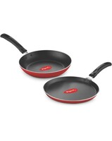 Pigeon Aluminium Nonstick Duo Pack Flat Tawa 250 and Fry Pan 200 Gift Set (Red)