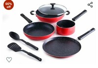 Crystal Classic Series 7-pc Non-Stick Induction Bottom Cookware Set, PFOA Free, Tawa, Fry-Pan, Kadhai with Glass Lid, Sauce Pan with 2 Serving Spoons, Red,Aluminium, 7