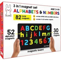 PLAY POCO 3 in 1 Magnet Set - Alphabets and Numbers with 26 Capital Letter, 26 Small Letter, 30 Number Magnets and Magnetic Board - Child Safe Foam Magnets - ideal for 3 4 5 year old boys and girls 