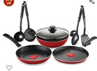 Pigeon Mio Non Induction Base Nonstick Aluminium Cookware Gift Set, Includes Nonstick Flat Tawa, Nonstick Fry Pan, Kitchen Tool Set, Nonstick Kadai with Glass Lid, 8 Pieces Kitchen Set (Red) 